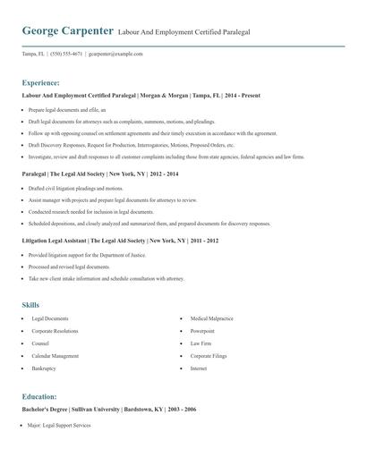 Labour And Employment Certified Paralegal Resume