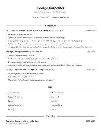 Labour And Employment Certified Paralegal Resume