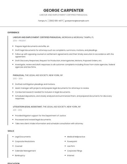 Labour And Employment Certified Paralegal Resume