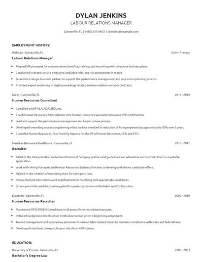 Labour Relations Manager Resume