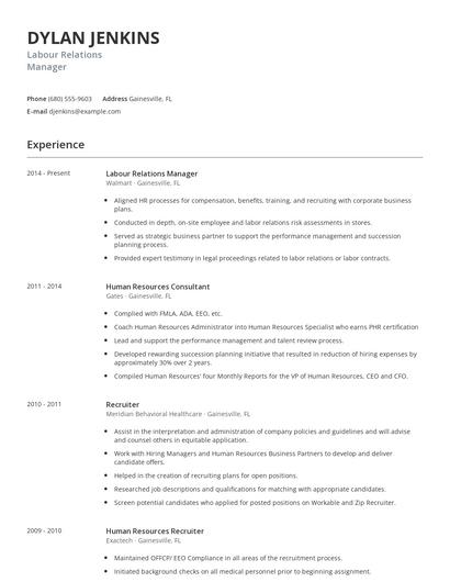 Labour Relations Manager Resume