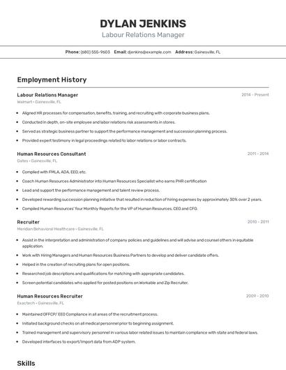 Labour Relations Manager Resume