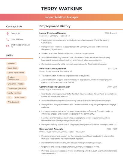 Labour Relations Manager Resume