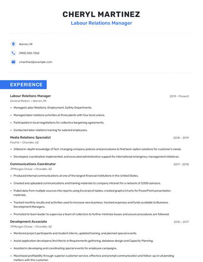 Labour Relations Manager Resume