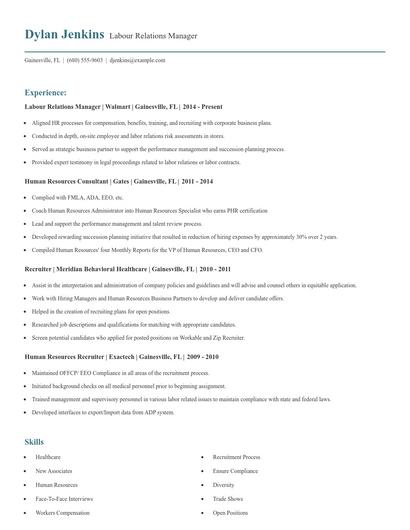 Labour Relations Manager Resume