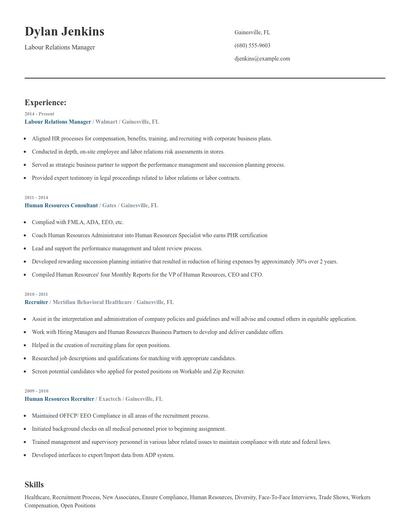 Labour Relations Manager Resume