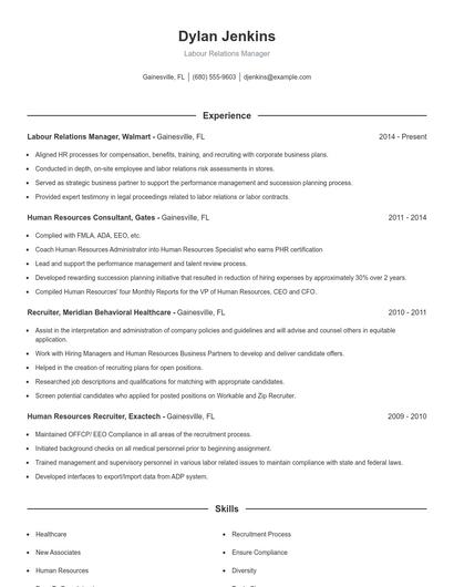 Labour Relations Manager Resume