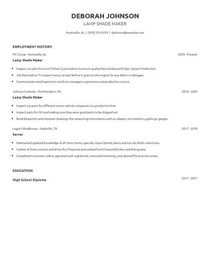 Lamp Shade Maker Resume