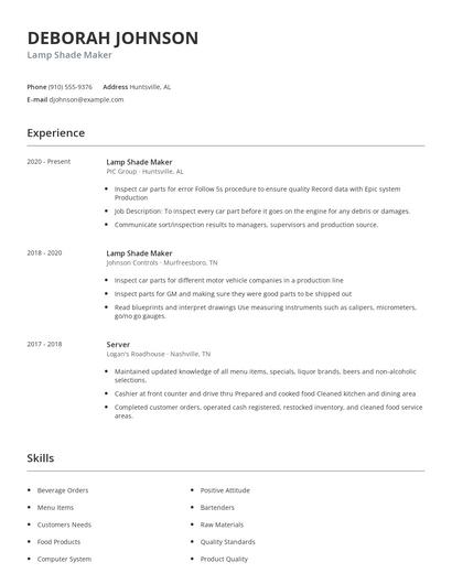 Lamp Shade Maker Resume