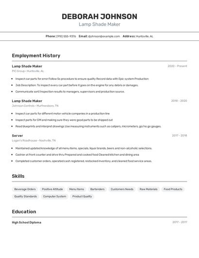 Lamp Shade Maker Resume