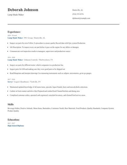 Lamp Shade Maker Resume