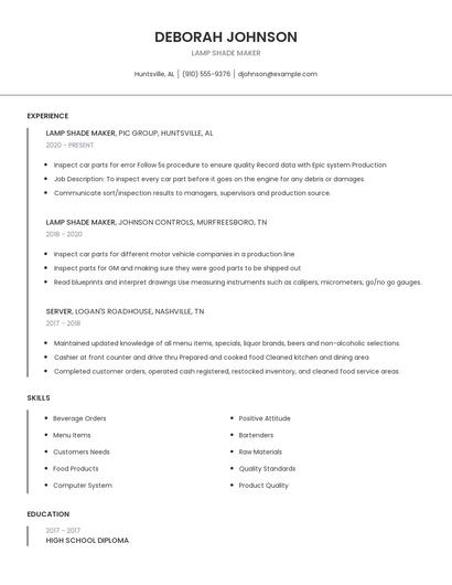 Lamp Shade Maker Resume