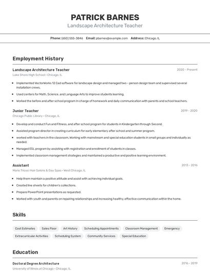 Landscape Architecture Teacher Resume