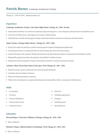 Landscape Architecture Teacher Resume