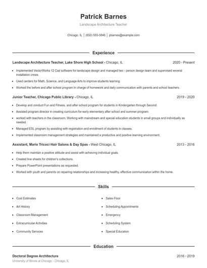 Landscape Architecture Teacher Resume