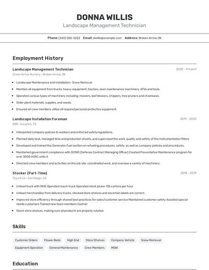 Landscape Management Technician Resume