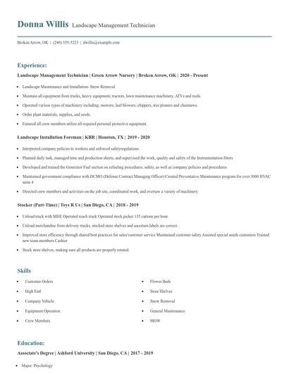 Landscape Management Technician Resume