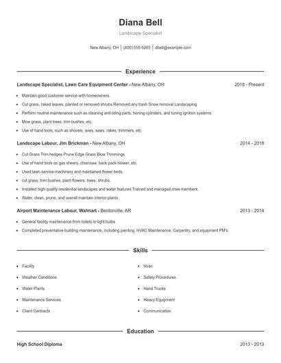 Landscape Specialist Resume