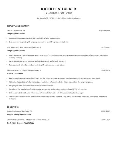 Language Instructor Resume