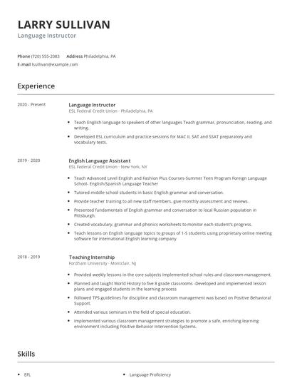 Language Instructor Resume