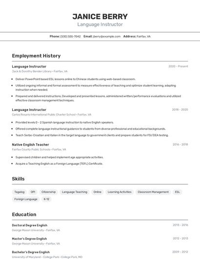 Language Instructor Resume