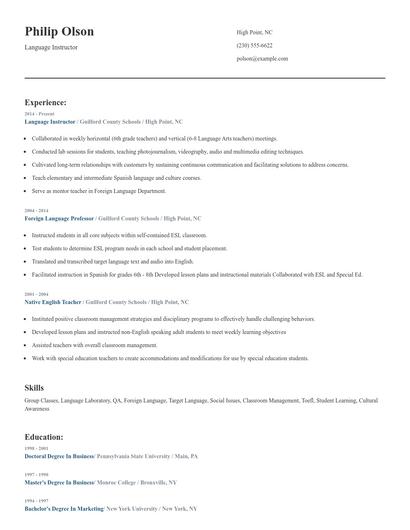Language Instructor Resume