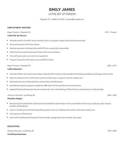 Lathe Set Up Person Resume