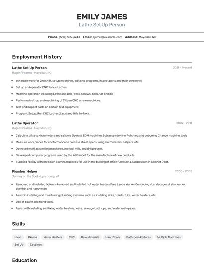 Lathe Set Up Person Resume