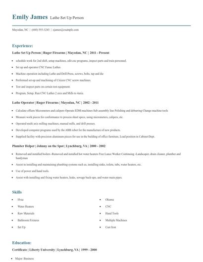 Lathe Set Up Person Resume