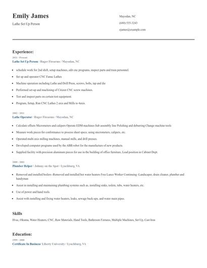 Lathe Set Up Person Resume