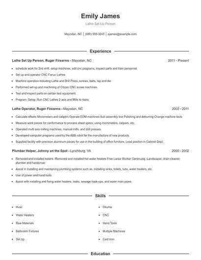 Lathe Set Up Person Resume
