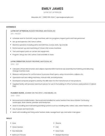 Lathe Set Up Person Resume