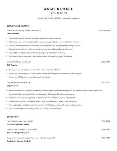 Latin Teacher Resume