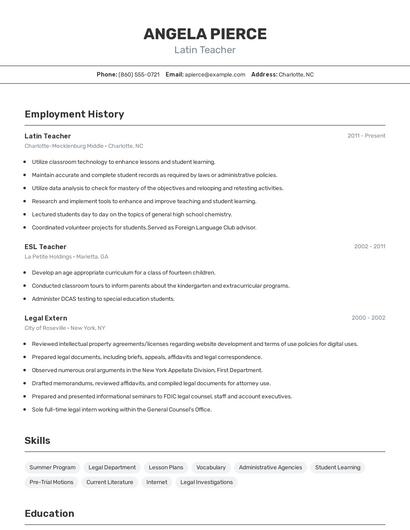 Latin Teacher Resume