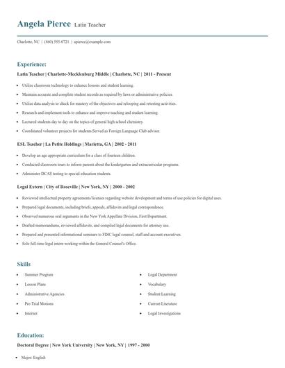 Latin Teacher Resume