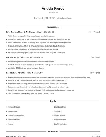 Latin Teacher Resume