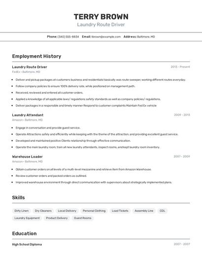 Laundry Route Driver Resume
