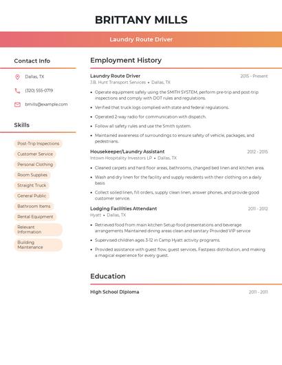 Laundry Route Driver Resume
