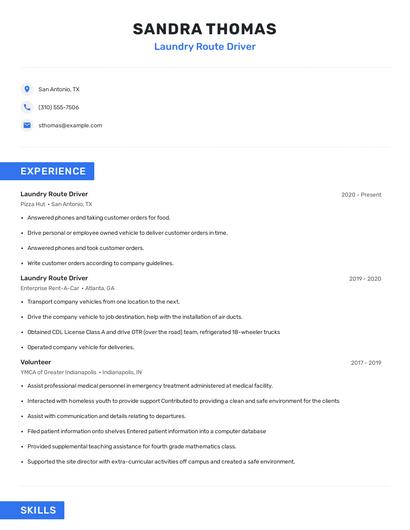 Laundry Route Driver Resume