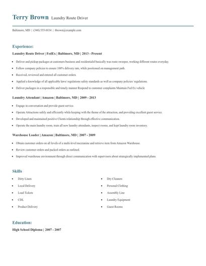 Laundry Route Driver Resume