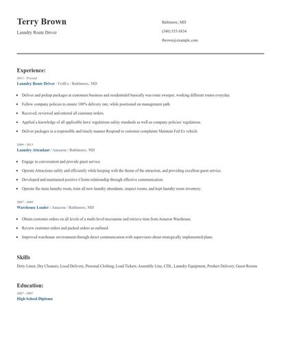 Laundry Route Driver Resume