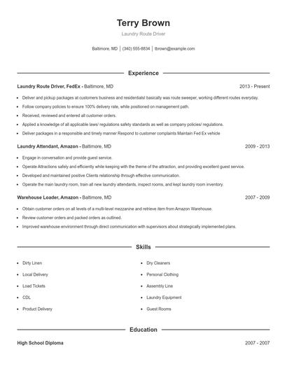 Laundry Route Driver Resume