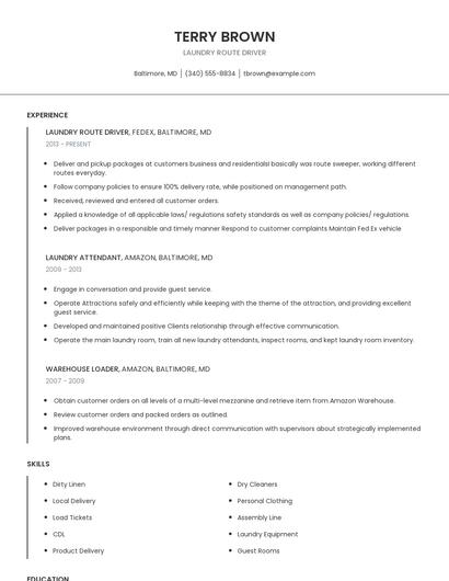 Laundry Route Driver Resume