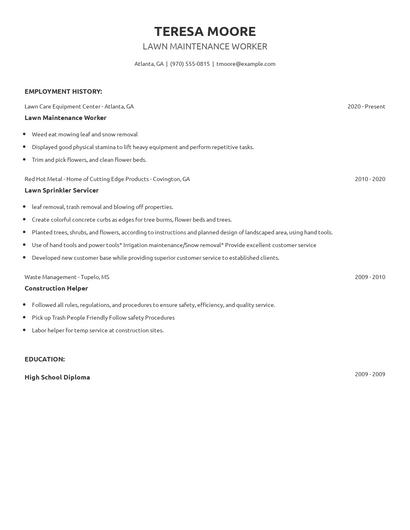 Lawn Maintenance Worker Resume