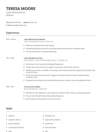 Lawn Maintenance Worker Resume
