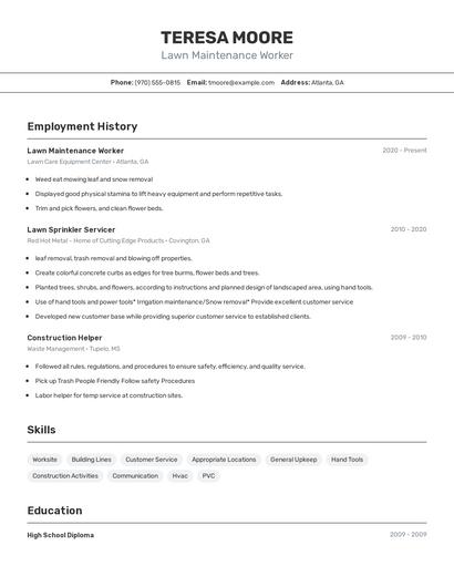 Lawn Maintenance Worker Resume