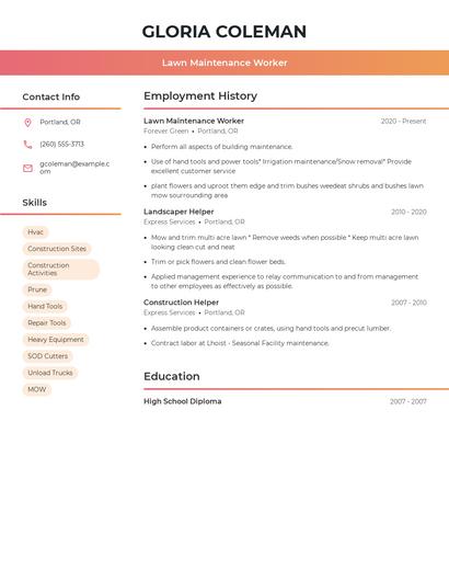 Lawn Maintenance Worker Resume
