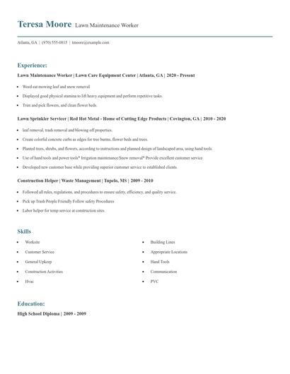 Lawn Maintenance Worker Resume