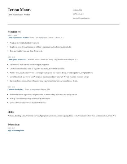Lawn Maintenance Worker Resume