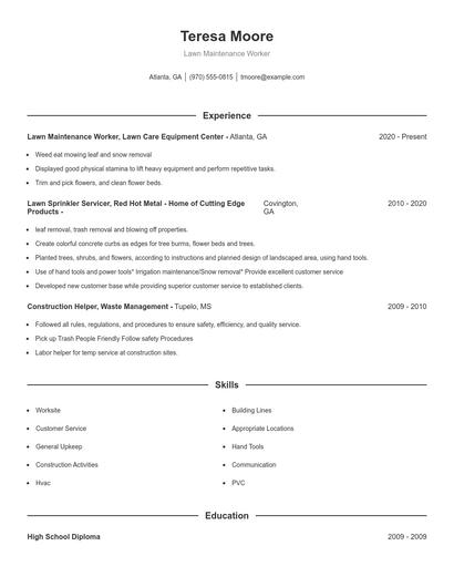 Lawn Maintenance Worker Resume
